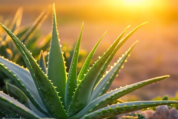 Fototapeta premium The bold, pointed leaves of an aloe vera plant catching the morning sun, with a hint of desert landscape in the background. 