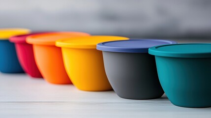 A row of colorful plastic containers.