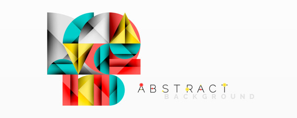 Abstract geometric artwork with overlapping circles and gradients, circle square triangle shapes background featuring sharp angular cuts, smooth shading, and structured layered composition