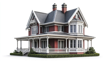 Victorian style house with red brick and white trim on white background