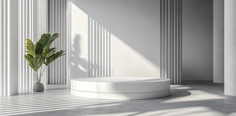 White Minimalist Podium in Bright Sunlight with Decorative Green Plant