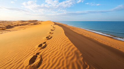 Footprints trail across a vast sand dune, guiding the gaze towards a calm sea. The bright sky complements the peaceful atmosphere of this coastal setting.