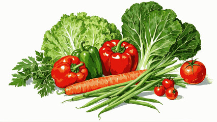 Bright red bell peppers, green bell peppers, orange carrots, green yardlong beans, lettuce and kale, red tomatoes and small red cherry tomatoes isolated watercolor vector illustration svg