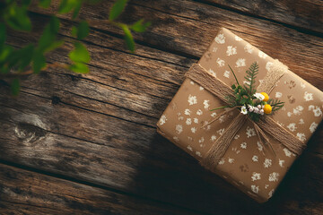 Rustic floral kraft paper gift tied with twine and tiny wildflowers on aged wood, conveying handmade warmth, sustainability, and heartfelt celebration.