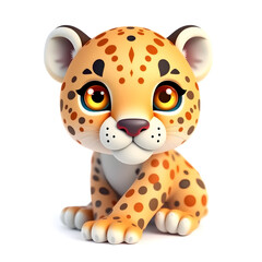 Leopard – 3D baby leopard, tiny round spots, soft fluffy fur, big golden eyes, pastel orange and blue tones, white background
Generative AI