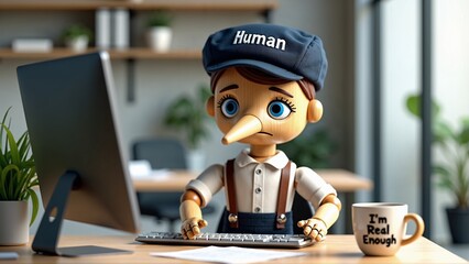 A sad wooden puppet in office attire works at a computer, wearing a "Human" cap beside a humorous mug trying to be human.