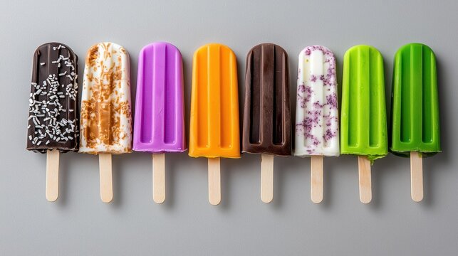 A row of seven popsicles with different toppings.