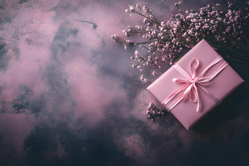 Elegant pink gift box with satin ribbon and delicate flowers on a soft pastel background, perfect for weddings, birthdays, or romantic celebrations.