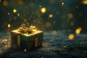 Sparkling golden gift box glows amid dreamy bokeh lights on a dark background, capturing luxury, celebration, and festive holiday magic.