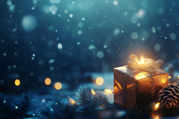 Glowing golden gift box rests among pine and soft bokeh lights on a winter night, evoking festive warmth, Christmas wonder, and holiday magic.