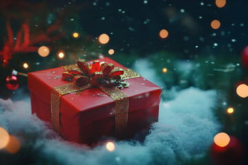 Red Christmas gift with sparkling ribbon sits in soft snow among glowing lights, capturing cozy holiday magic and festive winter cheer.