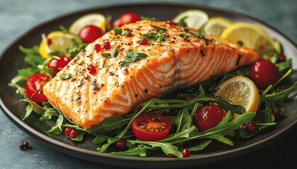Perfectly cooked salmon fillet served with fresh vegetables and garnishes