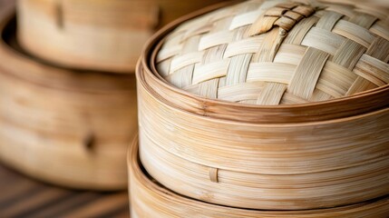 Obraz premium A close-up view of a bamboo steamer basket with a lid.