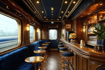 Luxury train bar experience scenic train journey interior photography cozy atmosphere elegant design
