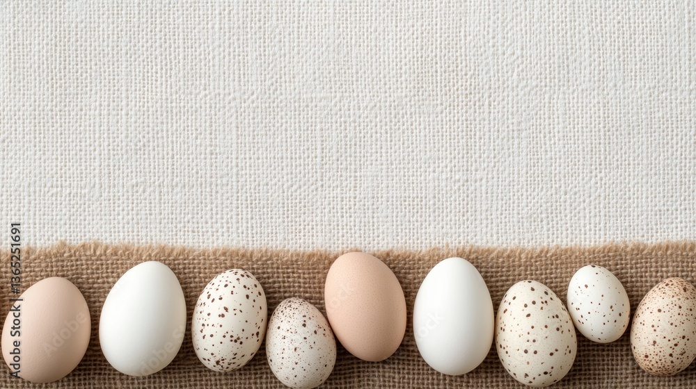 Poster collection of various eggs arranged on a burlap cloth showcasing natural textures and colors in a mi
