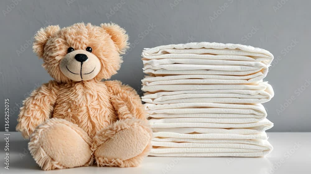 Poster a teddy bear rests next to neatly folded towels on a table in a serene and tidy space, creating a co