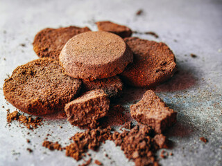 Close-up of coffee grounds from espresso machine. coffee ground on gray background