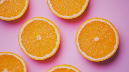 Fototapeta premium Freshly sliced oranges arranged on a vibrant pink background, showcasing their juicy texture and bright color.