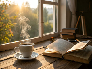 Cozy Reading Nook with Hot Coffee by the Window