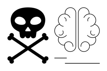 Skull and crossbones beside a stylized brain outline, signifying danger versus intellect. Ideal for health, education, decision-making, risk, creativity, psychology awareness themes. Flat simple
