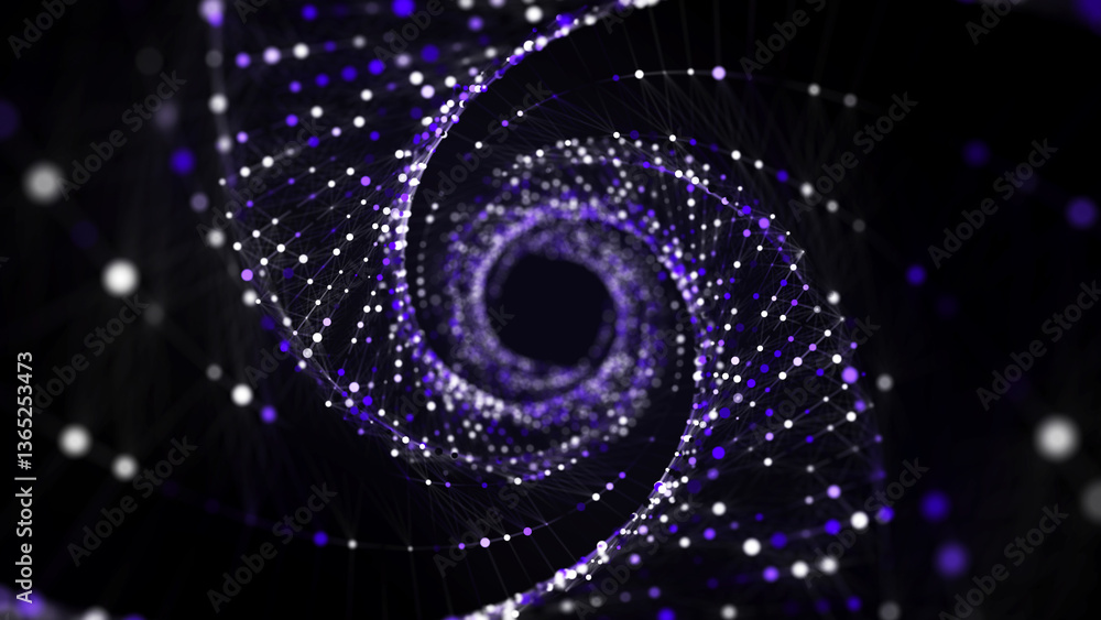 Poster Abstract circle speed tunnel with blue light on black background. Science background with dots and lines moving in a spiral. Wormhole technology. Digital structure with particles. 3d rendering.