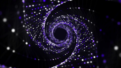 Abstract circle speed tunnel with blue light on black background. Science background with dots and lines moving in a spiral. Wormhole technology. Digital structure with particles. 3d rendering.