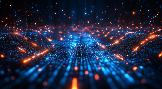 Digital technology background with blue light rays and binary code