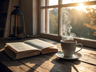 Cozy Reading Nook with Hot Coffee by the Window