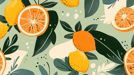 A colorful illustration featuring vibrant lemons and oranges among stylized leaves on a soft green background.