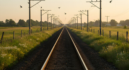 Obraz premium Railroad Tracks and Swallows Perched on Overhead Wires at Sunrise or Sunset