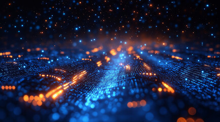 Digital technology background with blue light rays and binary code