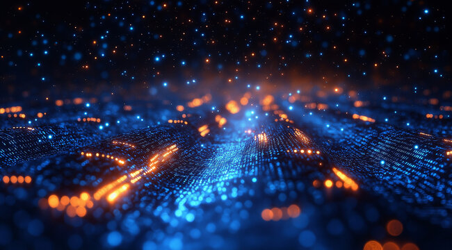 Digital technology background with blue light rays and binary code