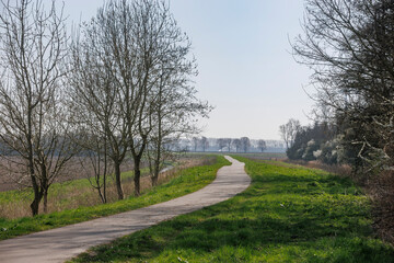 Scenic pathway alongside grassy fields and barren trees on a clear day in early spring near a tranquil river