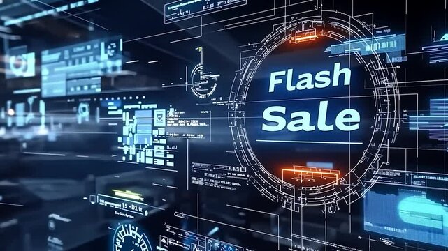 Dynamic digital display showcasing a flash sale with data overlays and futuristic elements - Powered by Adobe