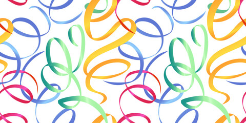Rhythmic gymnastics ribbons, cute seamless pattern with serpentine streamer. Colorful, abstract print for wrapping paper, fabric, wallpaper