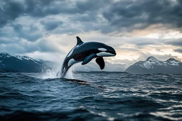 Poster Orca leaping dramatically above the ocean surface at sunset 