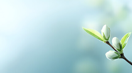 Obraz premium Minimalistic spring branch with white buds and young leaves, perfect for product backgrounds or natural-themed designs. Selective focus