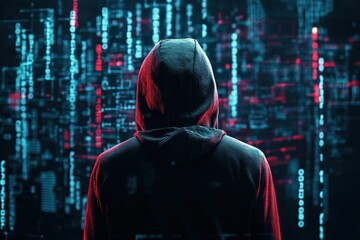Mysterious figure in a hoodie surrounded by digital data streams at night
