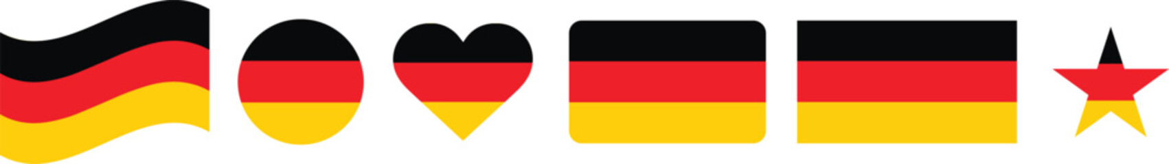 Obraz premium Germany flag vector logo icon set. Heart, Round, Star, stripes, Waving styles Website language choice symbols. Vector UI, logo, app flag design.