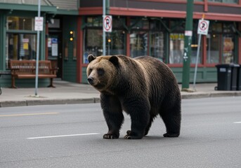 Majestic grizzly bear strolling through urban street in broad daylight