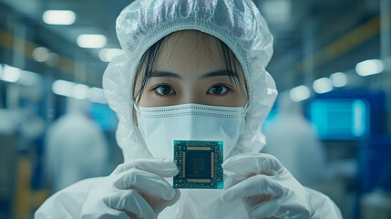 Cutting-Edge Semiconductor Manufacturing: Female Scientist in High-Tech Workshop Innovating Electronics and Circuit Boards