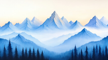Obraz premium Majestic mountain views with serene blue tones and misty valleys create tranquil atmosphere
