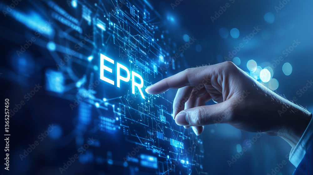 Poster extended producer responsibility (epr) concept, hand interacting with digital epr system interface t
