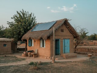 Small mud brick home with solar panels set in a rural village landscape surrounded by nature and simpler living