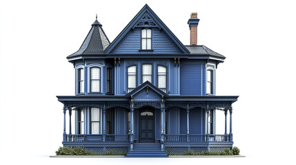 Fototapeta premium Victorian style blue house with ornate details on white background