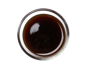 Soy sauce in glass bowl isolated on white