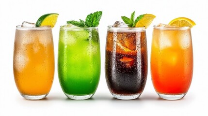 Fototapeta premium Four Colorful Sparkling Drinks with Fresh Fruit and Mint on White Background