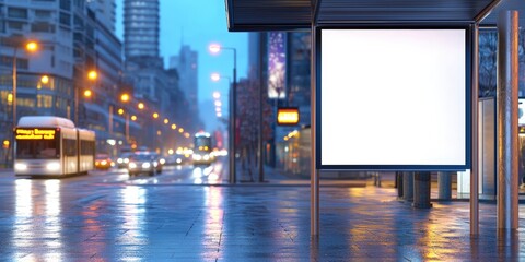 A blank white billboard at bus stop on street, for advertising mockups and urban city concepts and presentations.Mock up Billboard Media Advertising Poster banner template at Bus Station city street