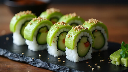 Avocado Sushi Rolls with Sesame Seeds and Wasabi