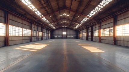 Vast Industrial Warehouse Interior Sunlight
